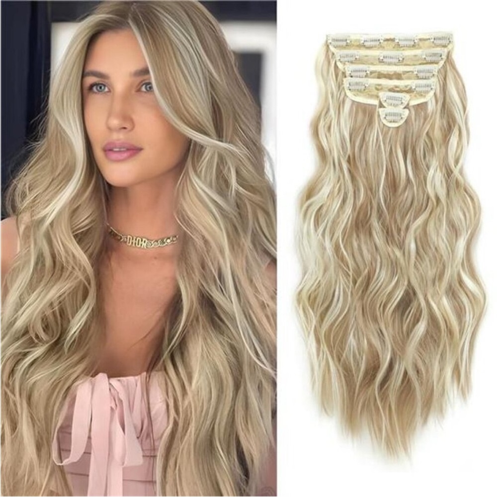 6PCS Long Wavy Curly Clip on Dark Ash Blonde Mixed Bleach Blonde